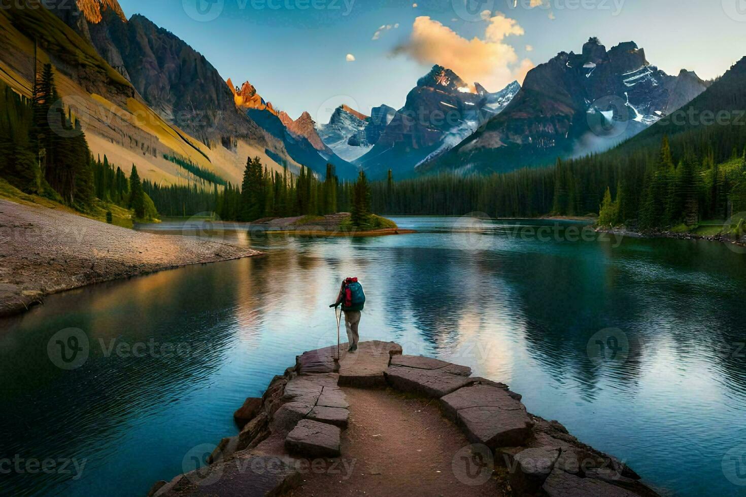 une homme des stands sur une pont surplombant une Lac et montagnes. généré par ai photo