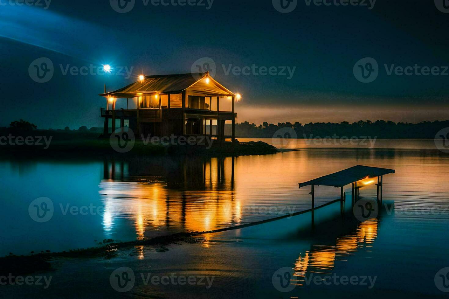une maison sur le l'eau à nuit avec une bateau dans le l'eau. généré par ai photo