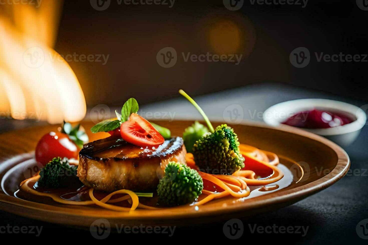 une assiette de nourriture avec Viande et des légumes. généré par ai photo