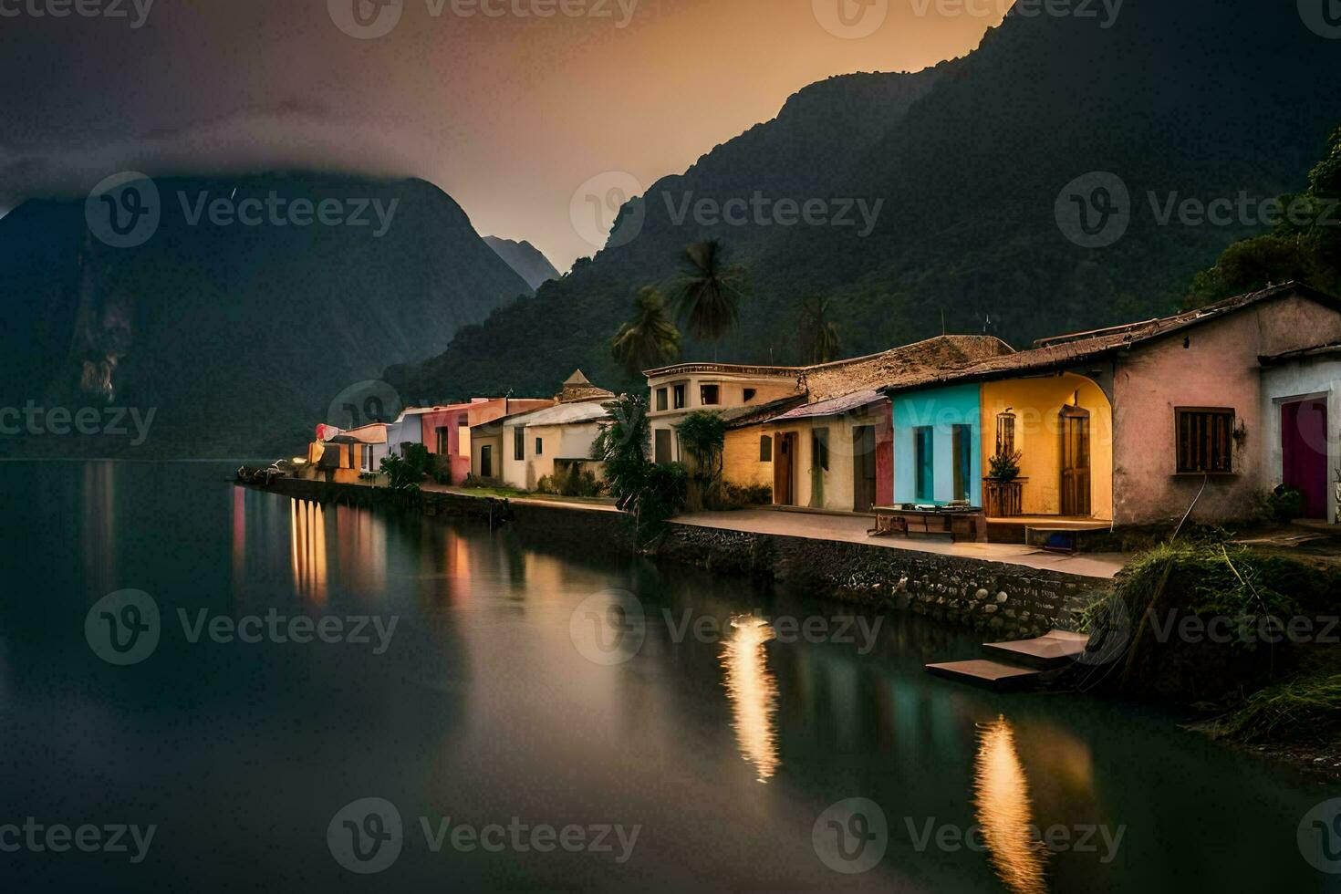 coloré Maisons ligne le rive de une Lac à crépuscule. généré par ai photo