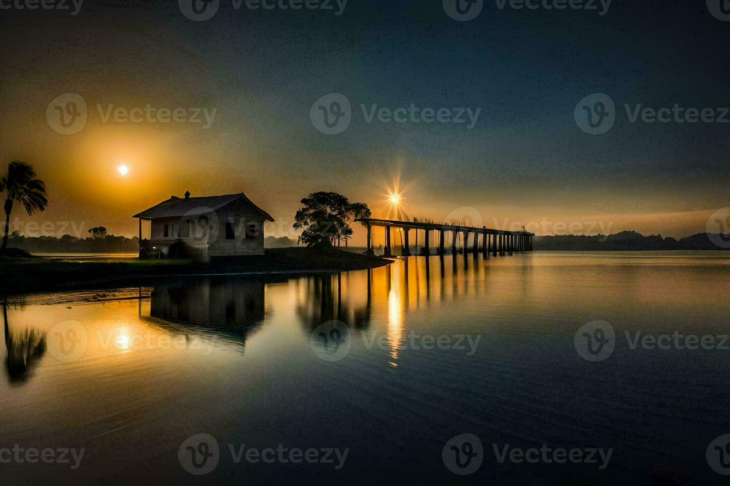 le Soleil monte plus de une pont et une maison. généré par ai photo