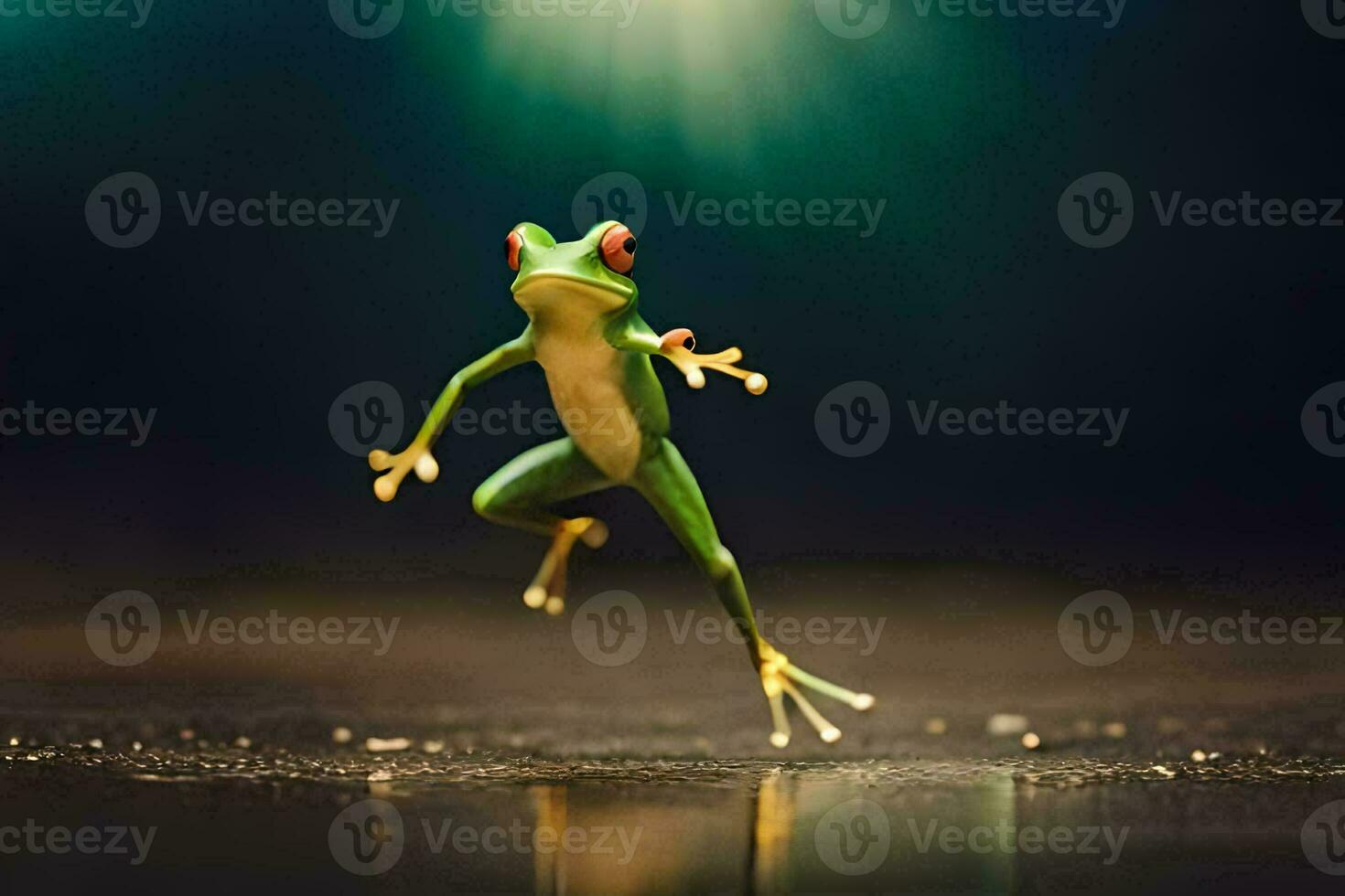 une grenouille sauter sur une foncé Contexte. généré par ai photo