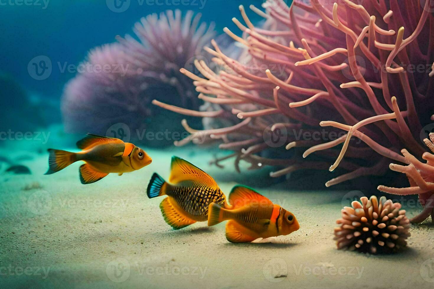 deux Orange poisson nager dans le océan. généré par ai photo