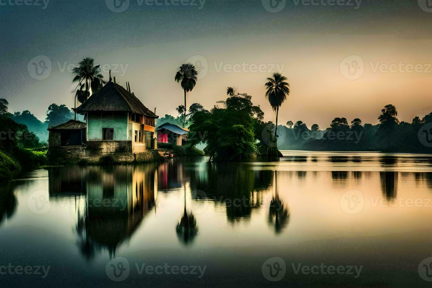 une maison sur le l'eau avec paume des arbres. généré par ai photo