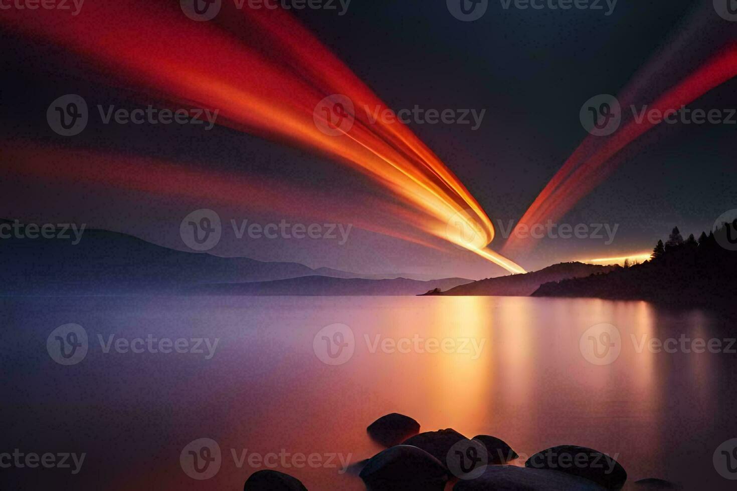 une longue exposition photographier de une Lac à nuit. généré par ai photo