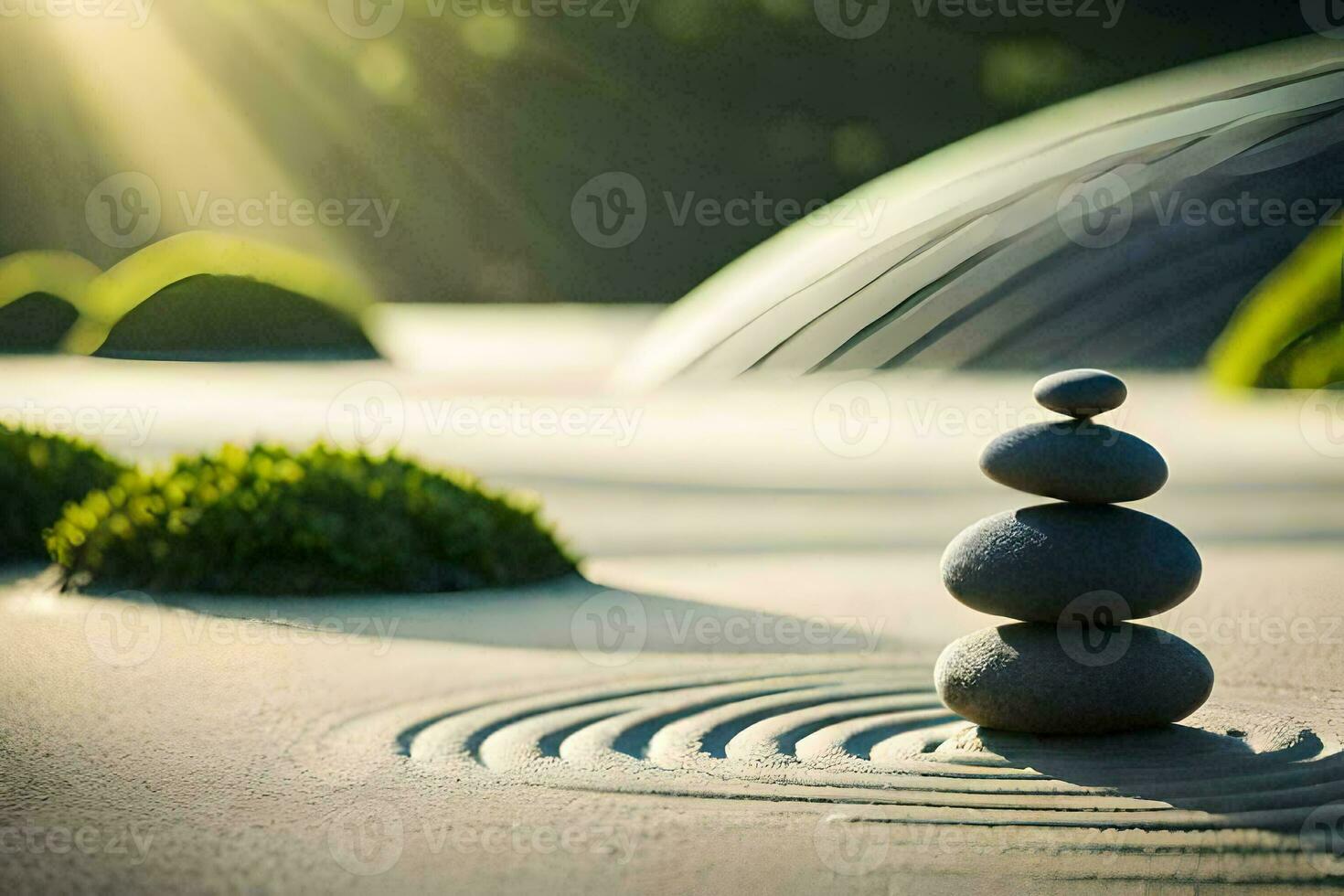 une Zen jardin avec des pierres et herbe. généré par ai photo