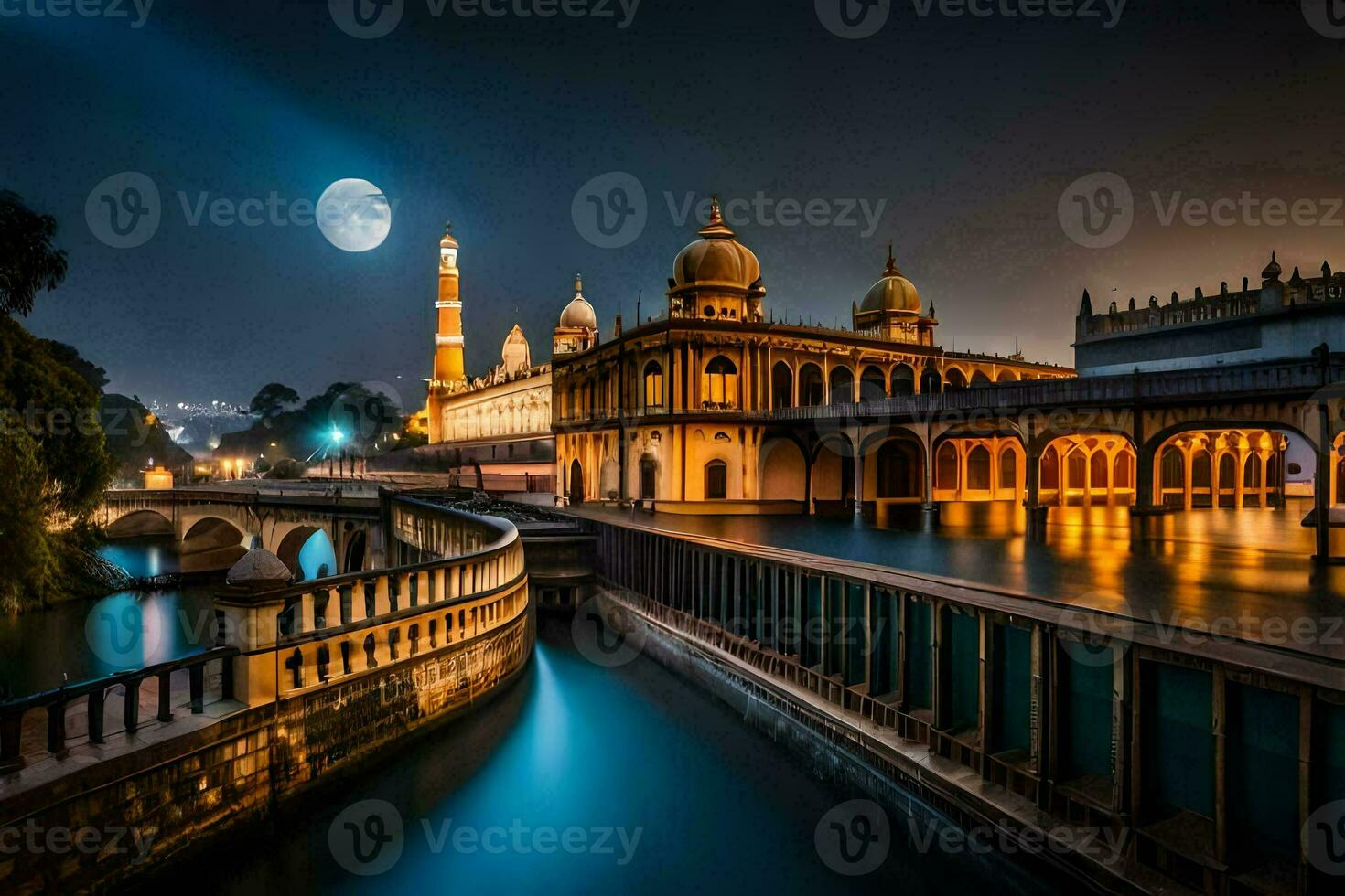 le lune est brillant vivement plus de une mosquée dans Inde. généré par ai photo