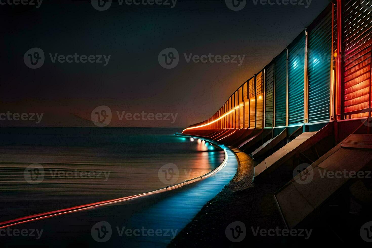 une longue exposition photo de une train ligne sur le plage. généré par ai