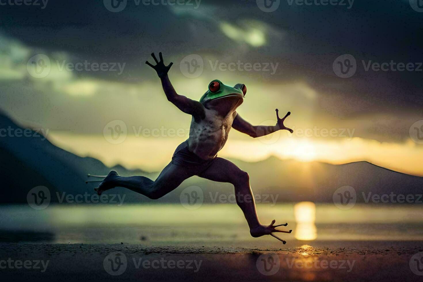 une grenouille sauter dans le air à le coucher du soleil. généré par ai photo