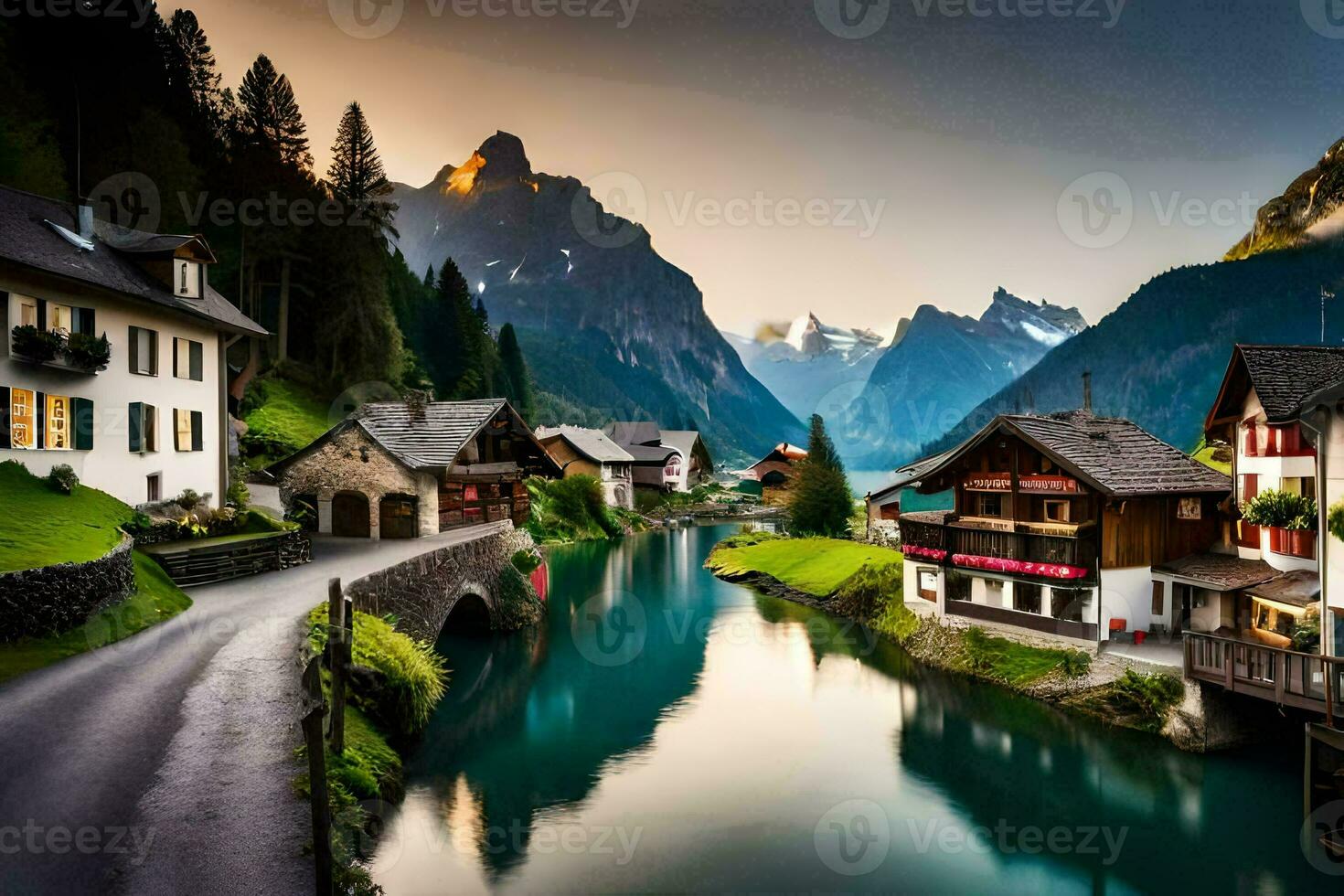 magnifique village dans le montagnes avec une rivière. généré par ai photo