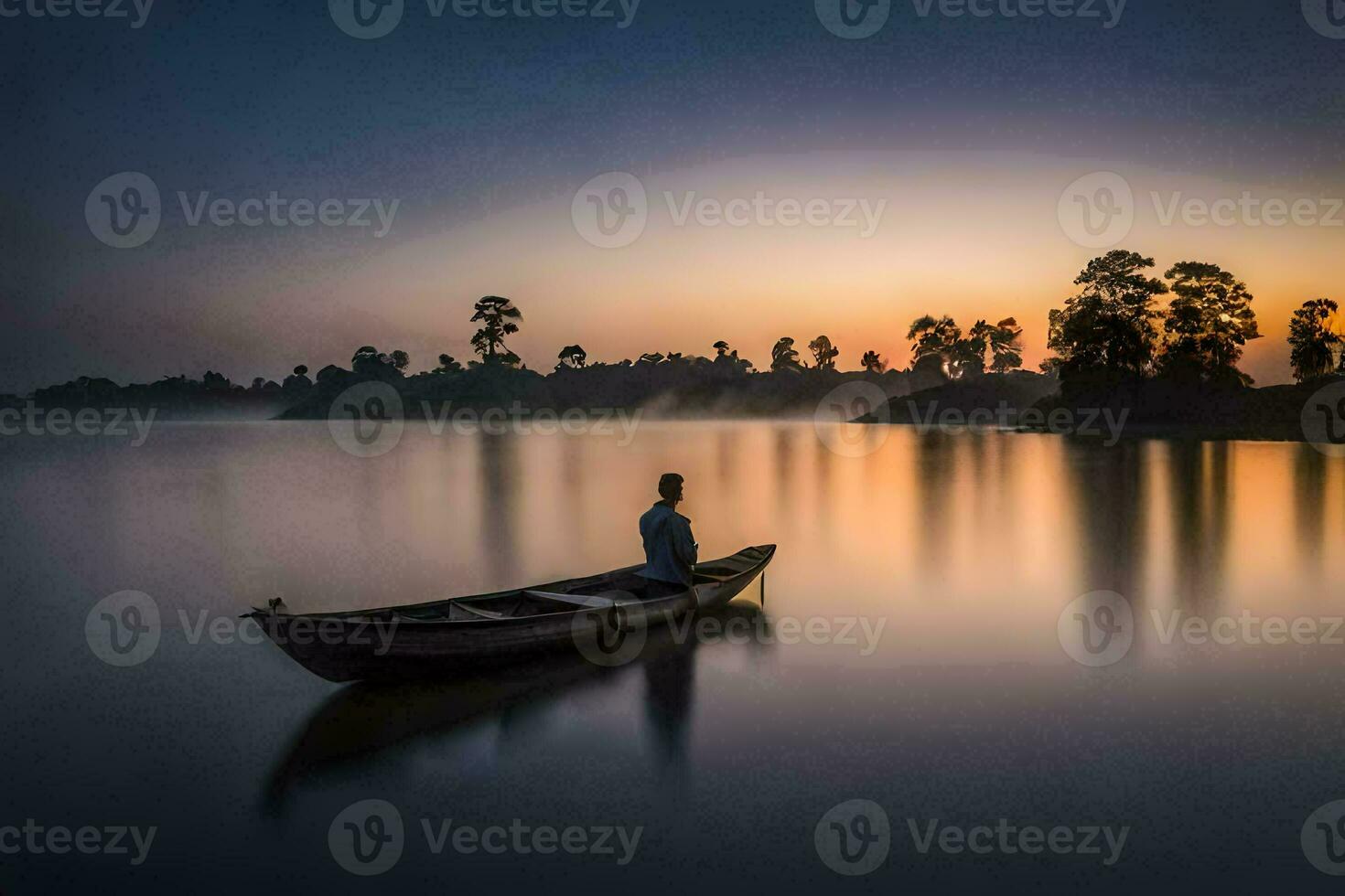 une homme dans une bateau sur une Lac à le coucher du soleil. généré par ai photo