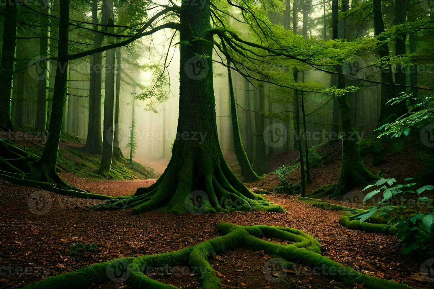 une forêt avec des arbres et les racines dans le milieu. généré par ai photo