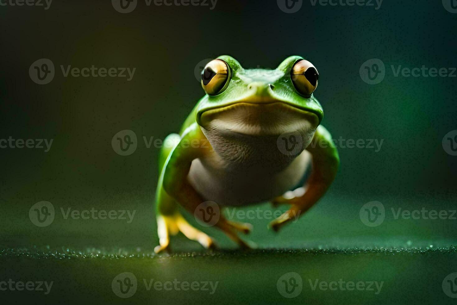 une grenouille est permanent sur une vert Contexte. généré par ai photo