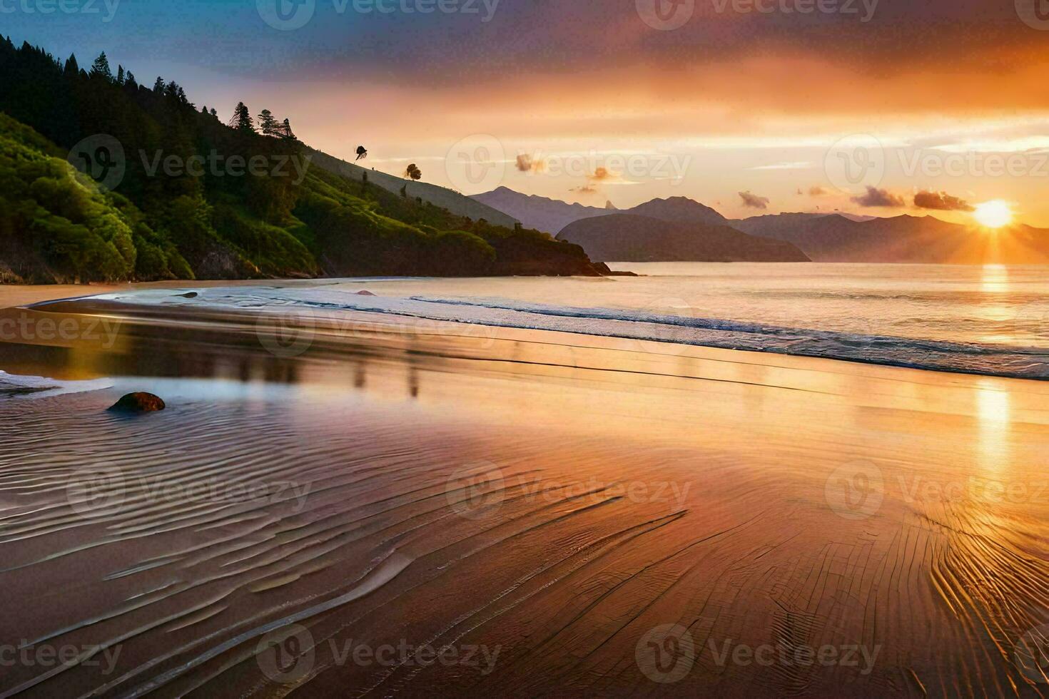 le Soleil ensembles plus de une plage et forêt. généré par ai photo