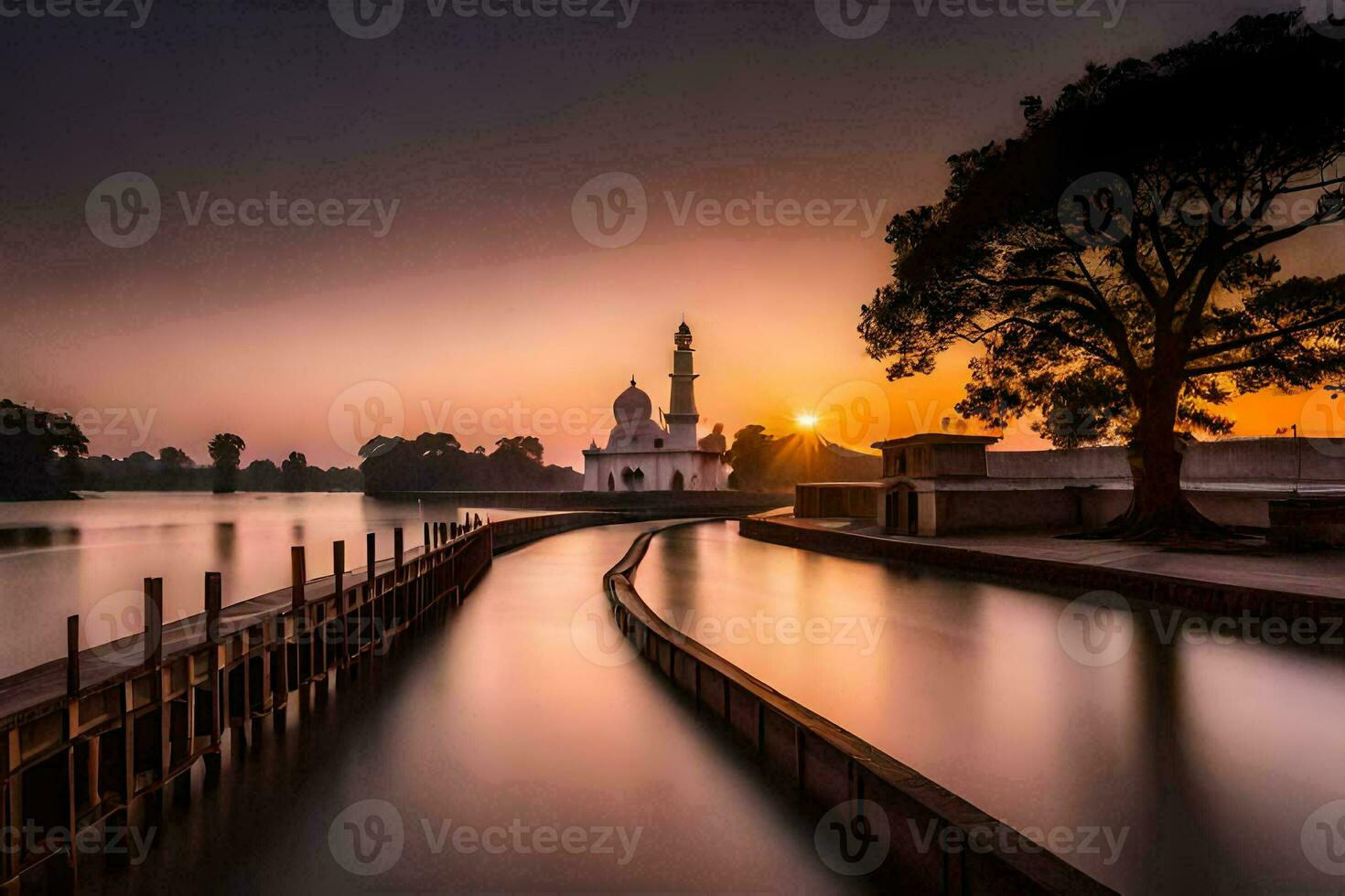 le Soleil ensembles plus de une Lac avec une mosquée dans le Contexte. généré par ai photo