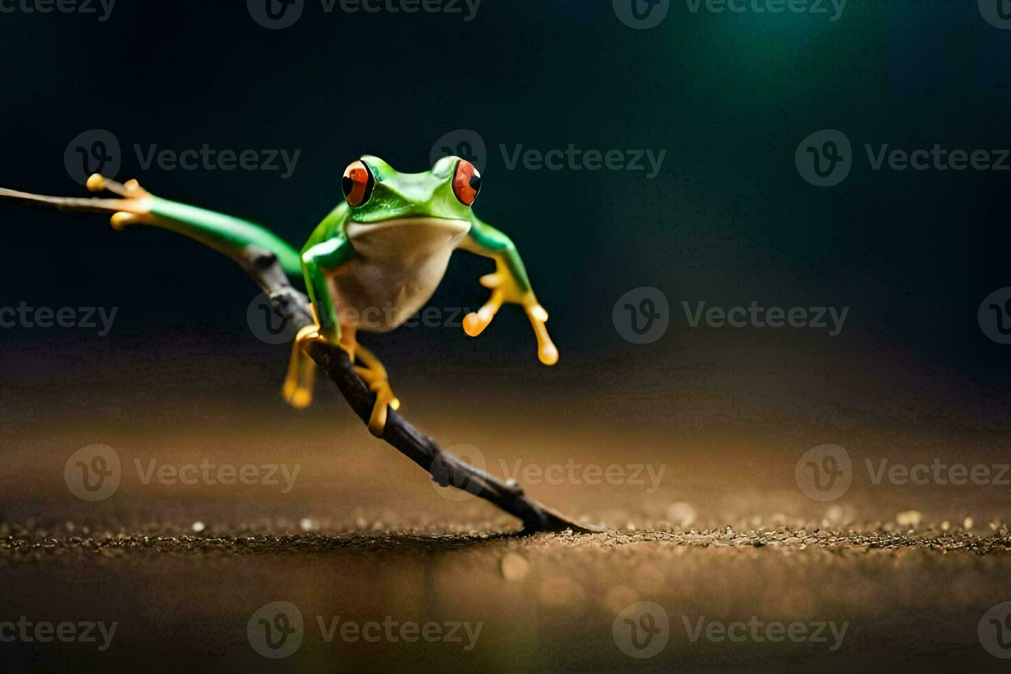 une grenouille est séance sur une branche dans le sombre. généré par ai photo