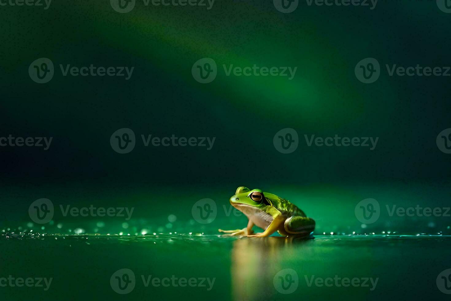 une grenouille séance sur le sol dans de face de une vert lumière. généré par ai photo