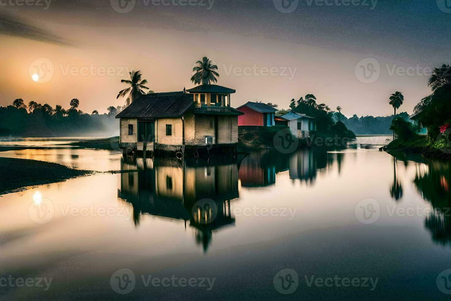 une maison sur le l'eau avec le Soleil réglage derrière il. généré par ai photo