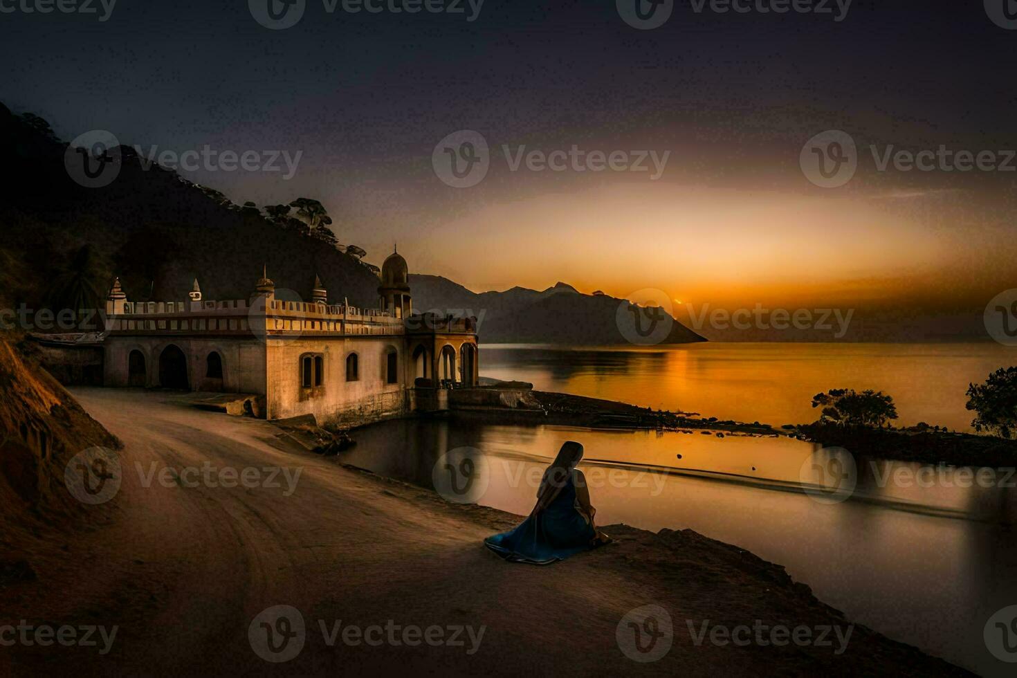 une femme séance sur le côté de une Lac à le coucher du soleil. généré par ai photo