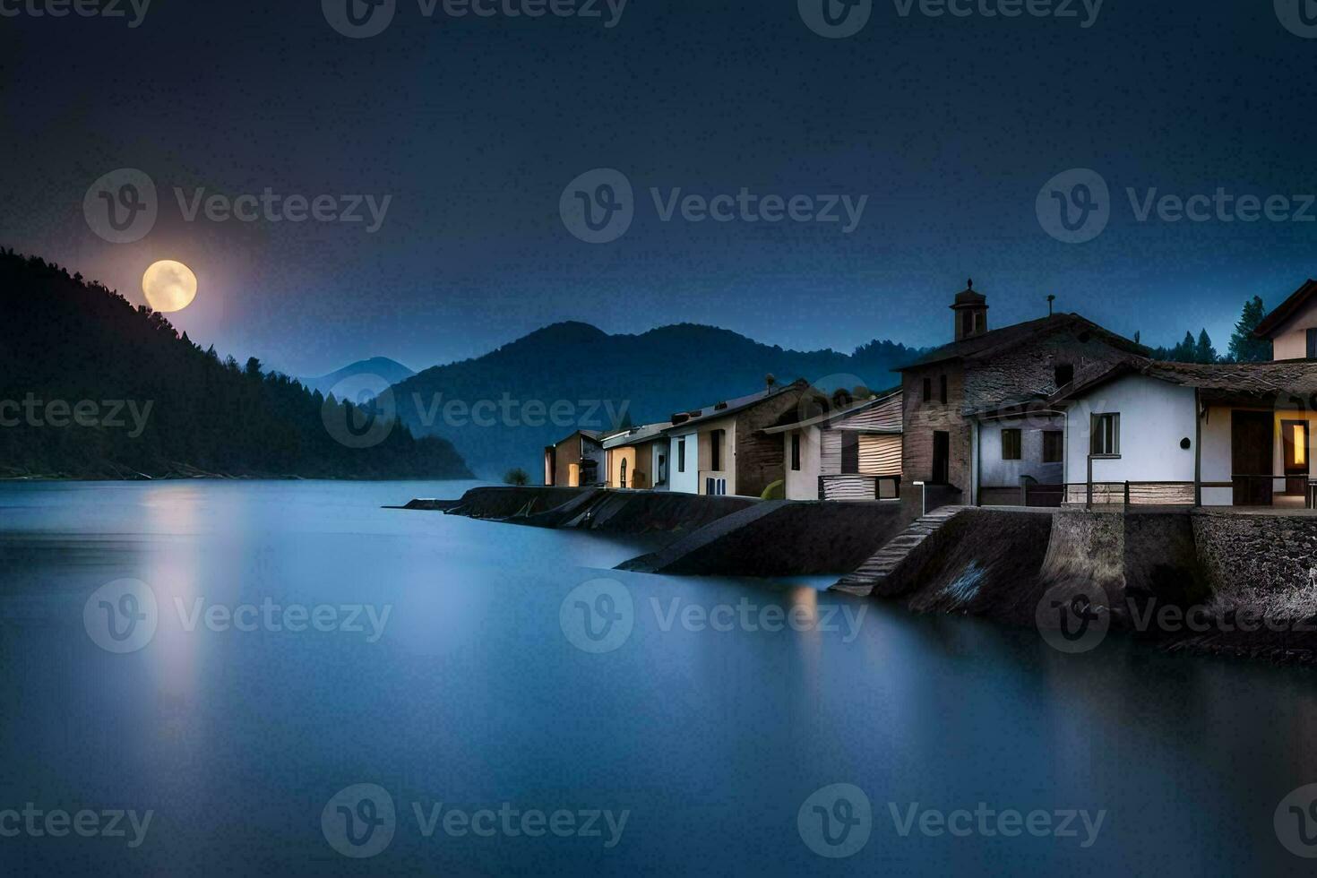 une lune monte plus de une Lac et Maisons. généré par ai photo