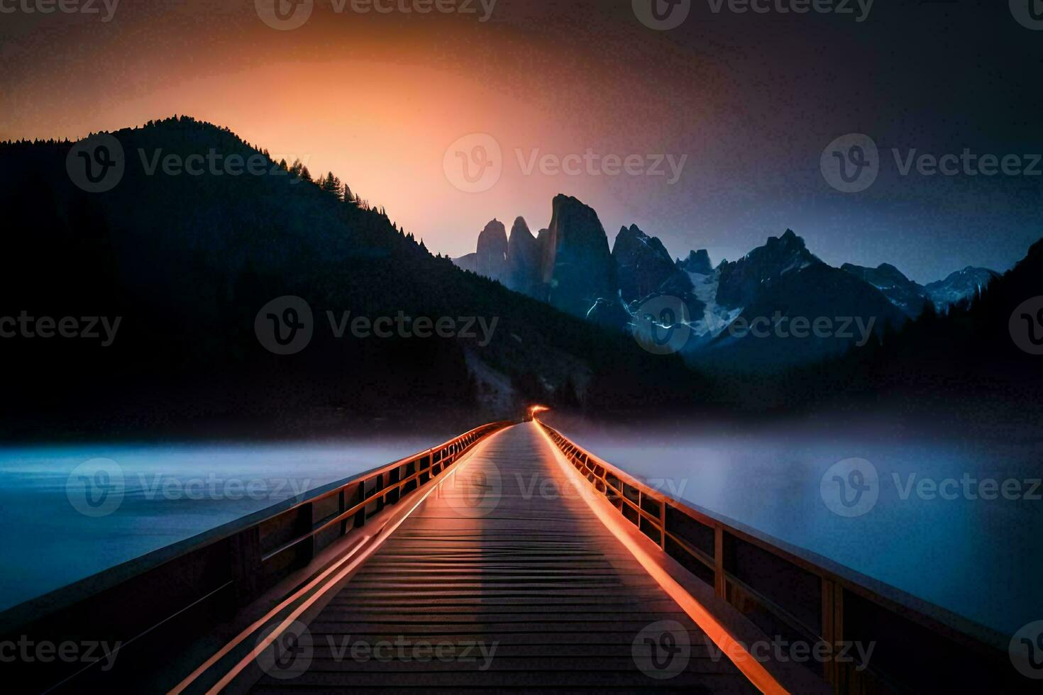 une longue pont plus de une Lac à le coucher du soleil. généré par ai photo