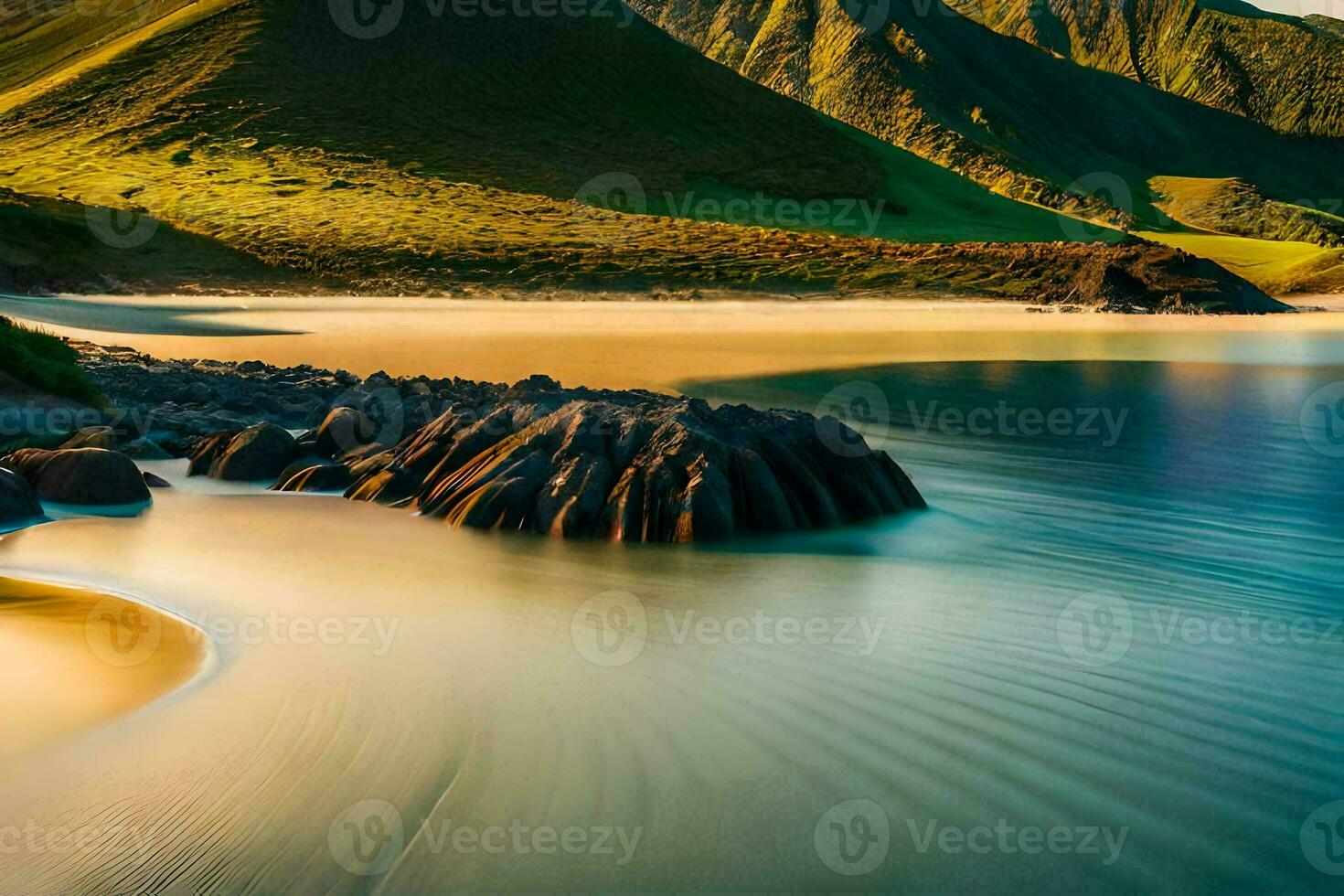 une magnifique plage avec vagues et montagnes. généré par ai photo