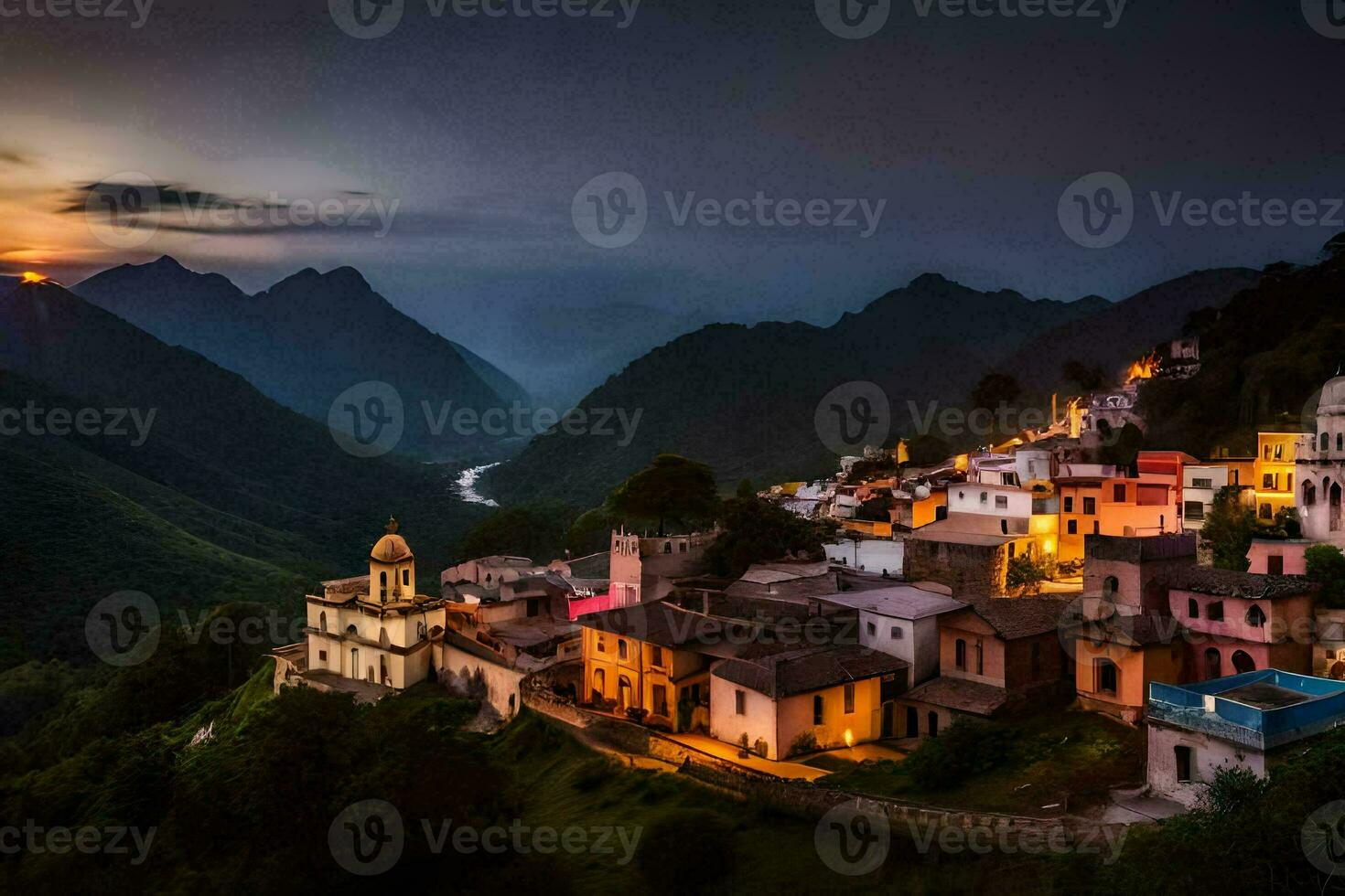 photo fond d'écran le ciel, montagnes, le soleil, le montagnes, le village, le village,. généré par ai