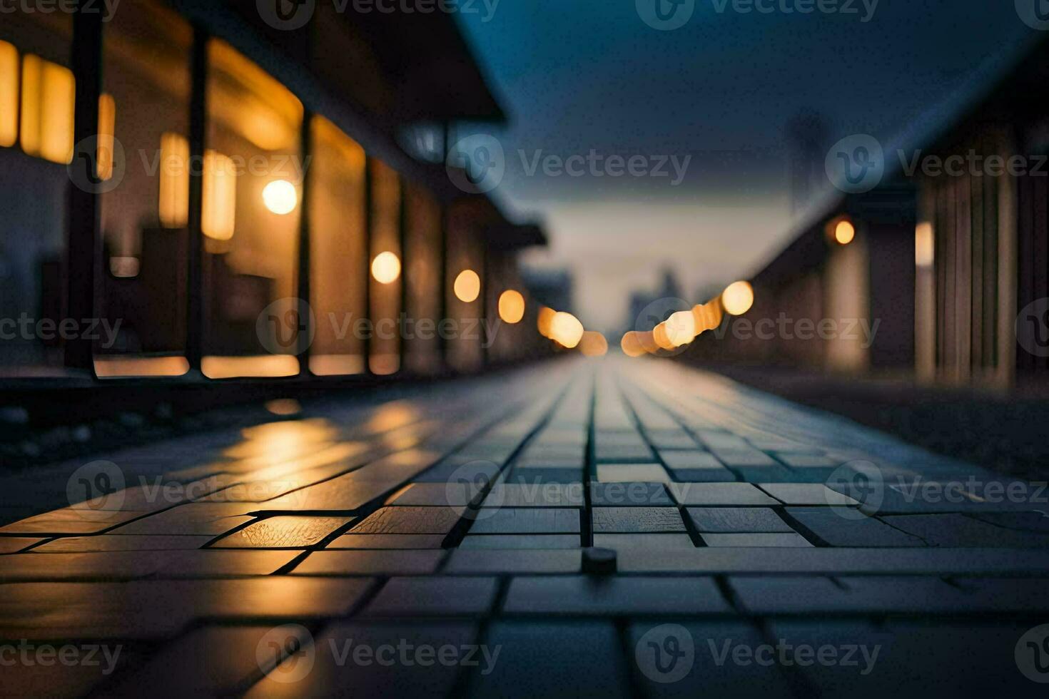 une longue passerelle avec lumières sur le côté. généré par ai photo