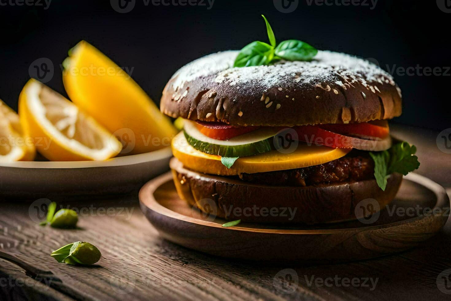 une Hamburger avec des légumes et citron tranches. généré par ai photo