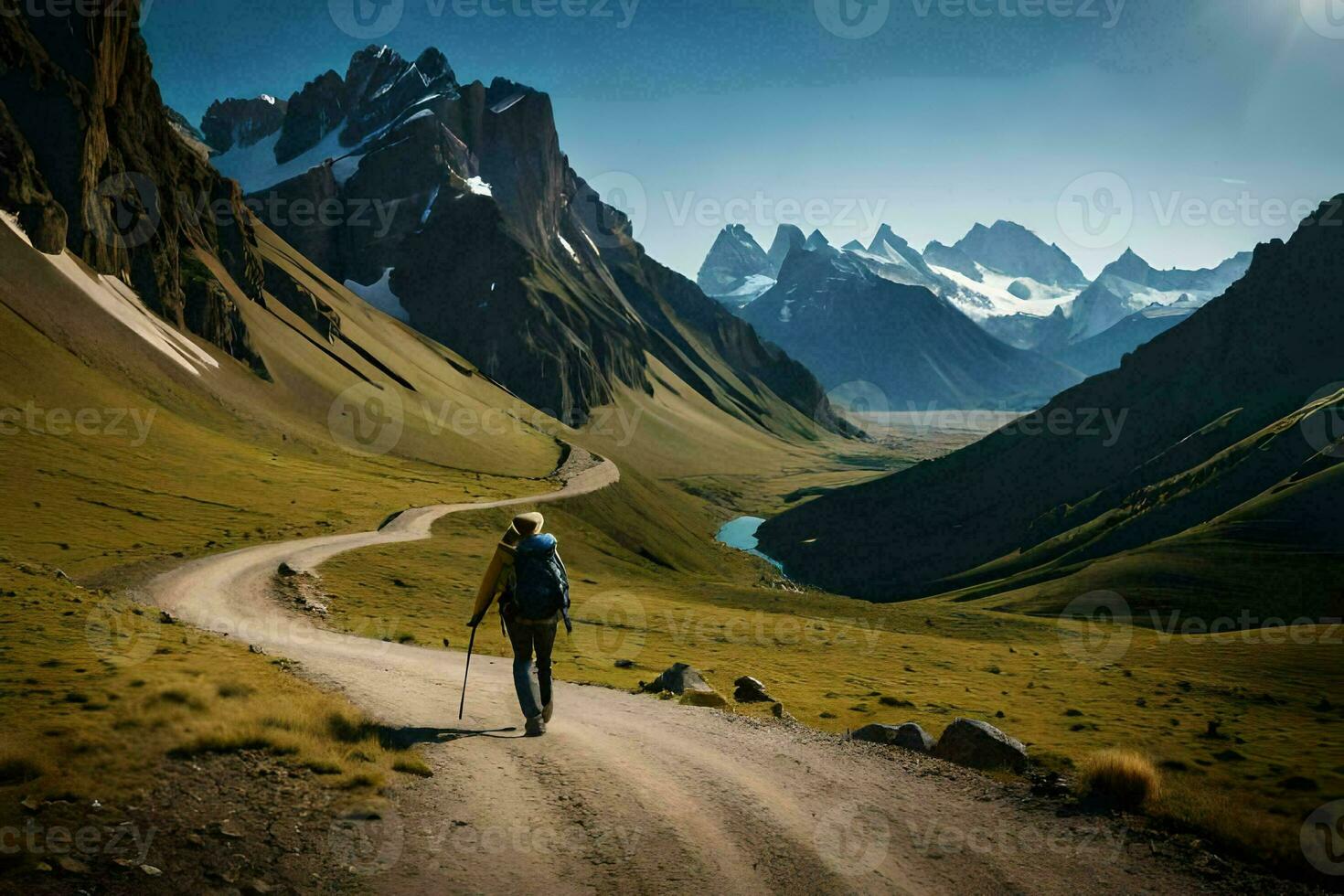 une homme en marchant sur une route dans le montagnes. généré par ai photo