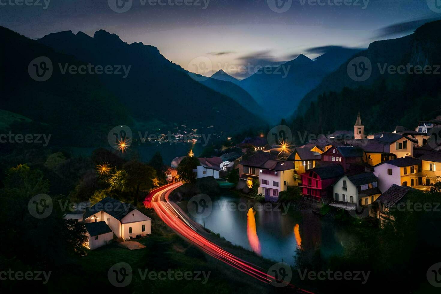une ville dans le montagnes à nuit avec lumières sur le route. généré par ai photo