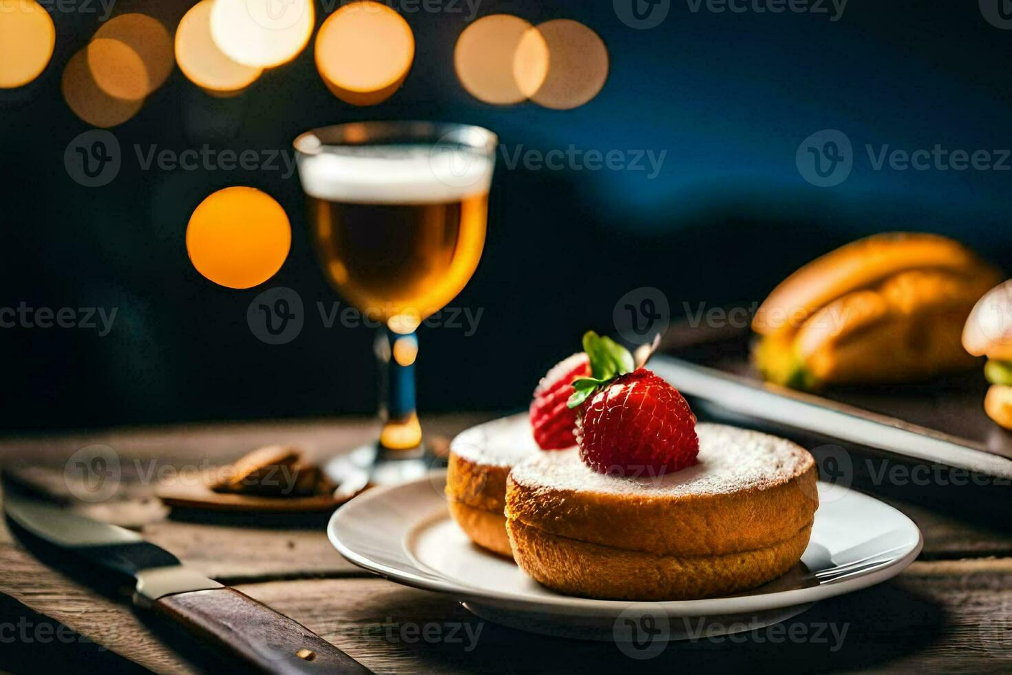 une assiette avec une fraise et une verre de bière. généré par ai photo