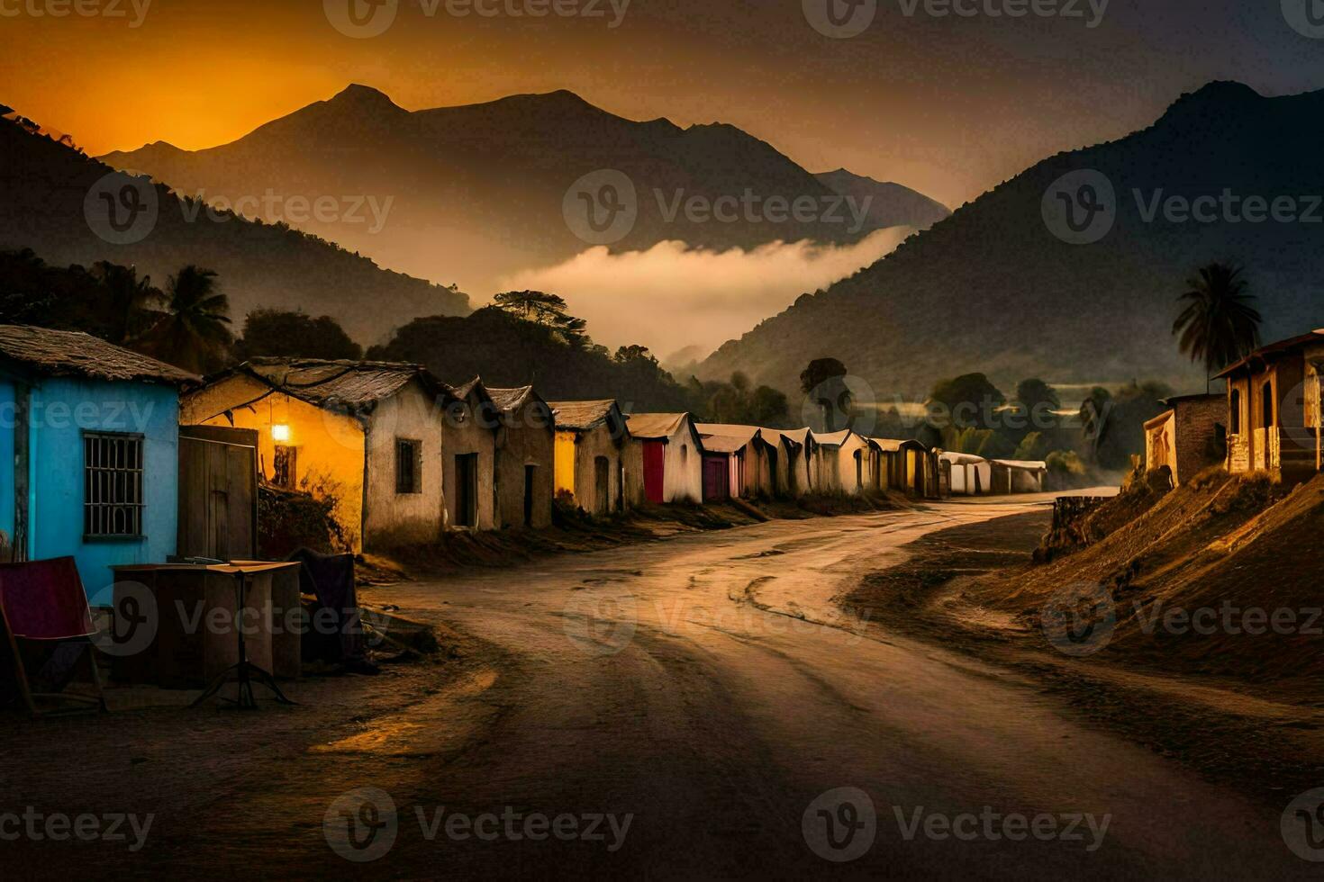 une rue doublé avec Maisons dans le montagnes. généré par ai photo