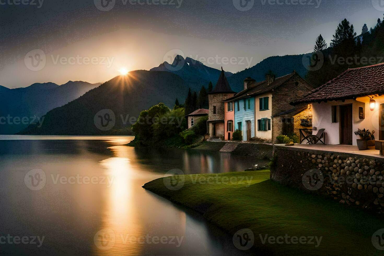 une maison est assis sur le rive de une Lac à le coucher du soleil. généré par ai photo