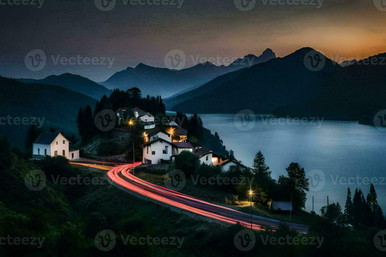 une route enroulement par une village à le coucher du soleil. généré par ai photo