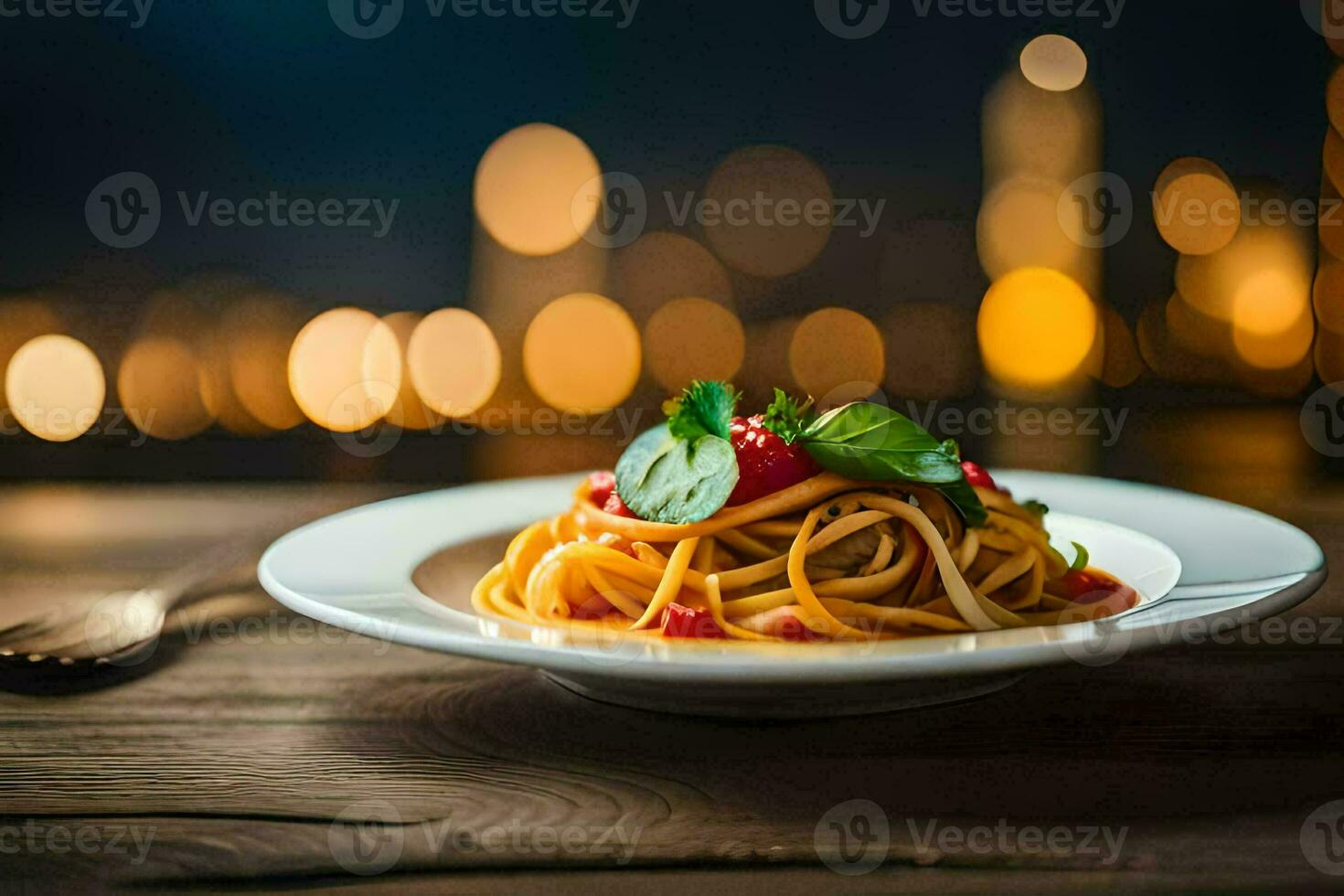 spaghetti avec tomate sauce et basilic sur une plaque. généré par ai photo