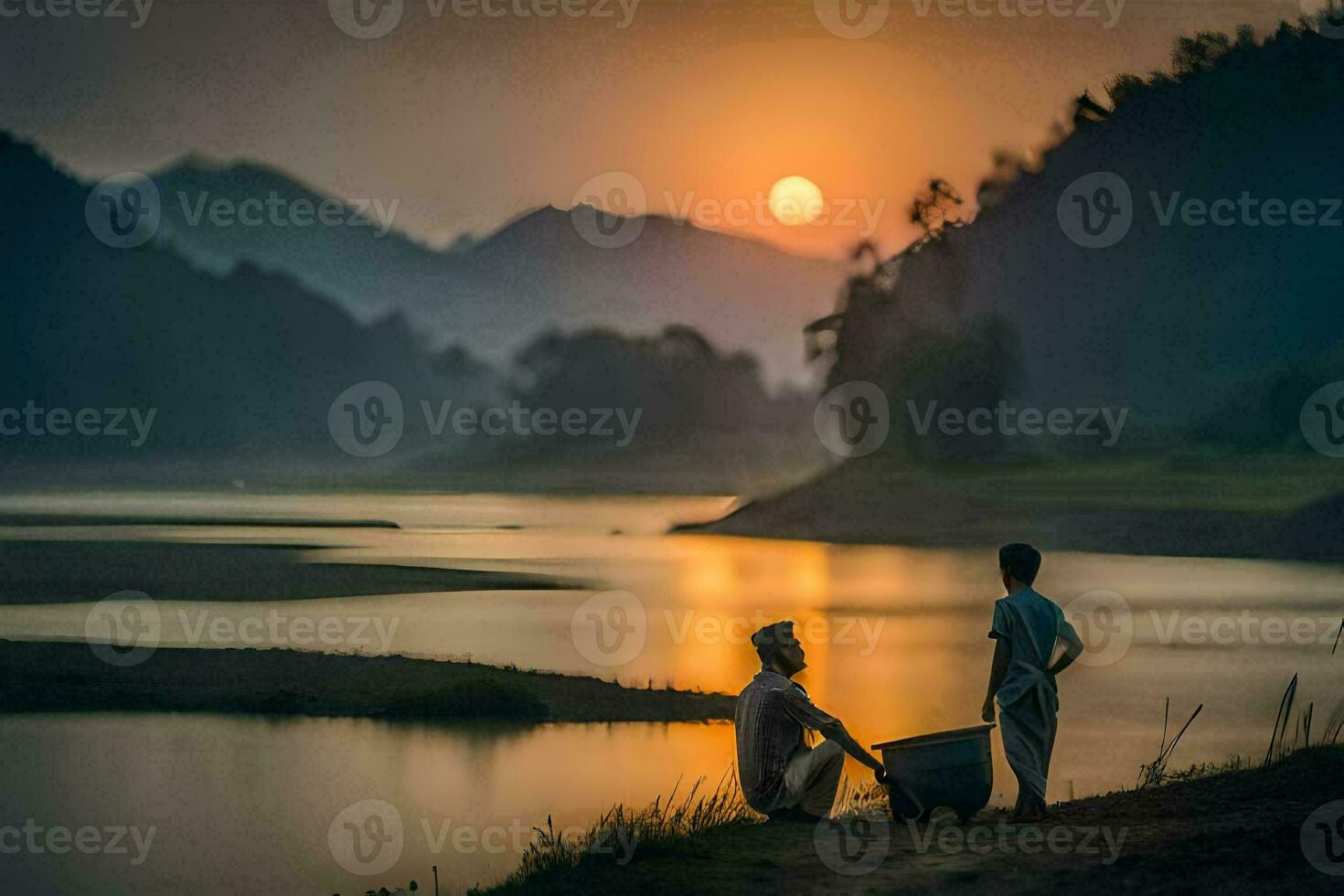 deux gens séance sur le banque de une rivière à le coucher du soleil. généré par ai photo