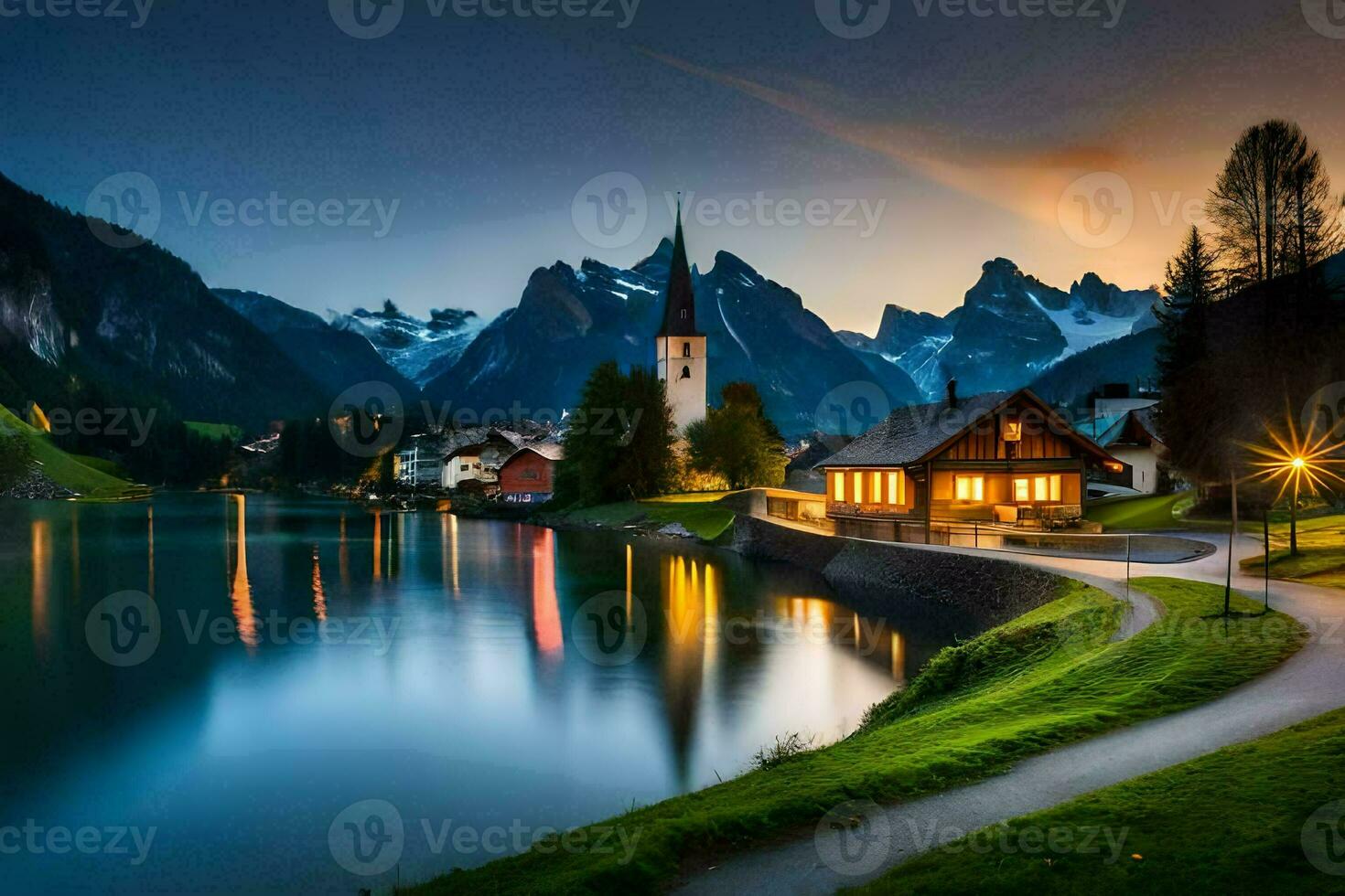 photo fond d'écran le ciel, montagnes, lac, loger, église, église, le église, le. généré par ai