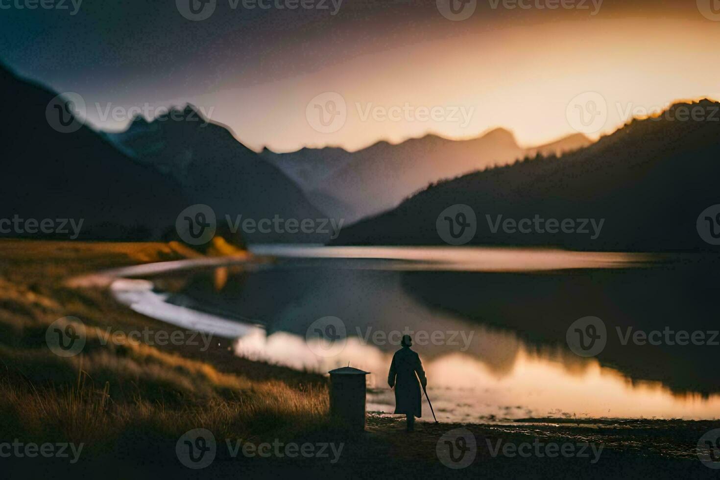 une la personne en marchant le long de le rive de une Lac à le coucher du soleil. généré par ai photo