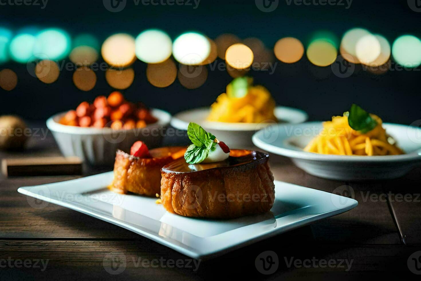 une assiette de nourriture avec une bougie sur il. généré par ai photo