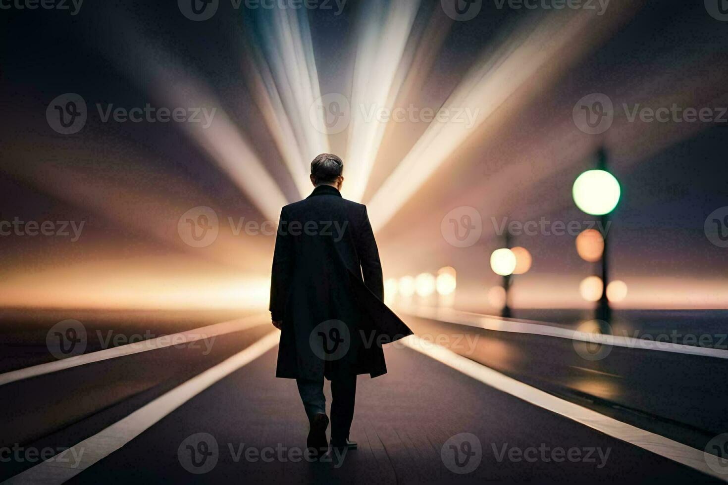 une homme dans une noir manteau des promenades vers le bas une route à nuit. généré par ai photo