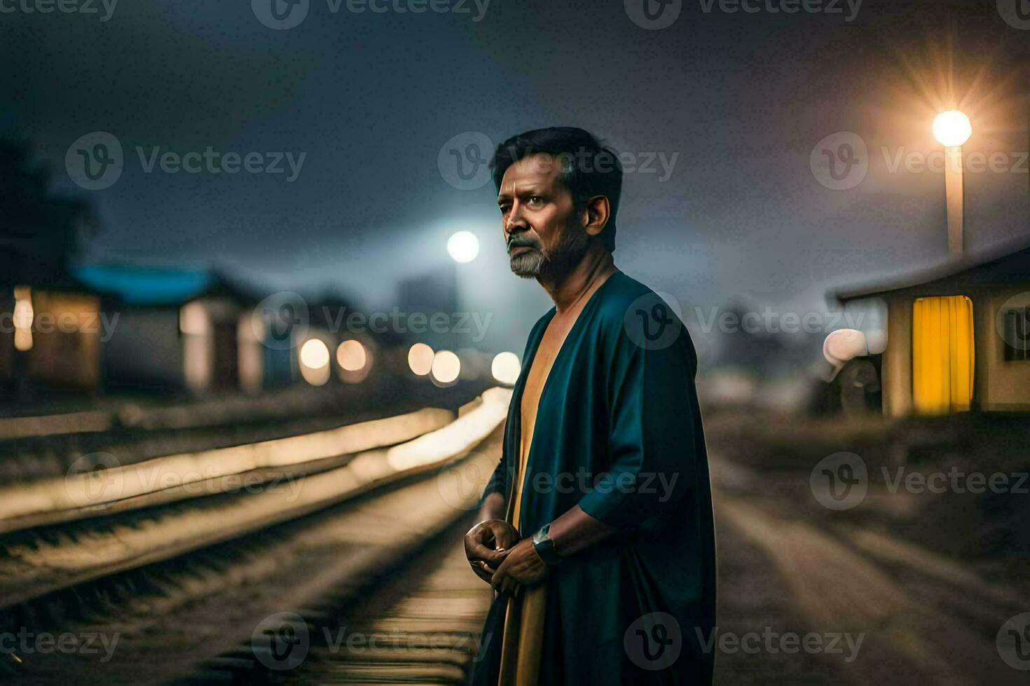 une homme des stands sur une train Piste à nuit. généré par ai photo