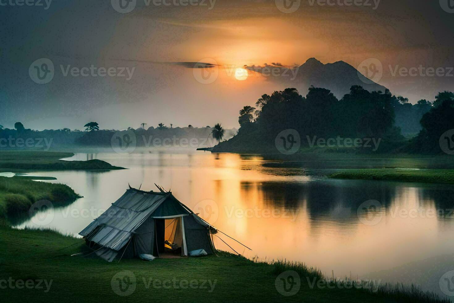 le lever du soleil plus de le lac. généré par ai photo