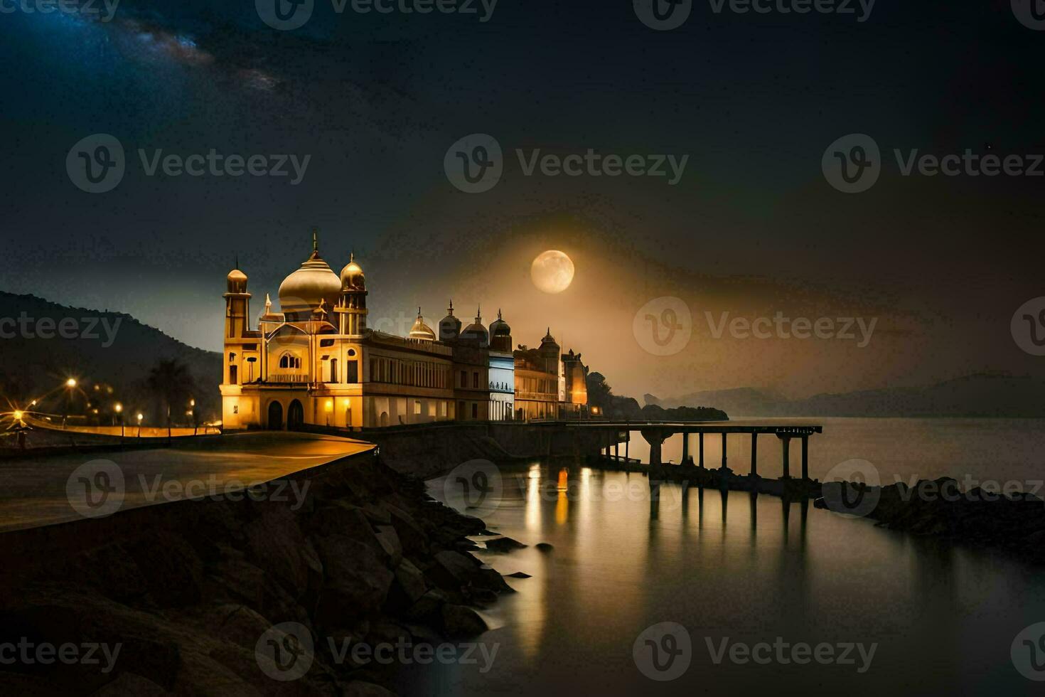 le lune monte plus de le mosquée à nuit. généré par ai photo