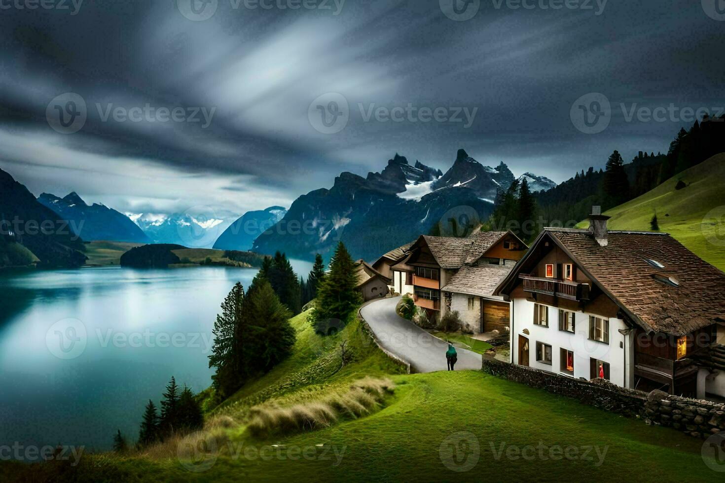 le maison sur le lac. généré par ai photo