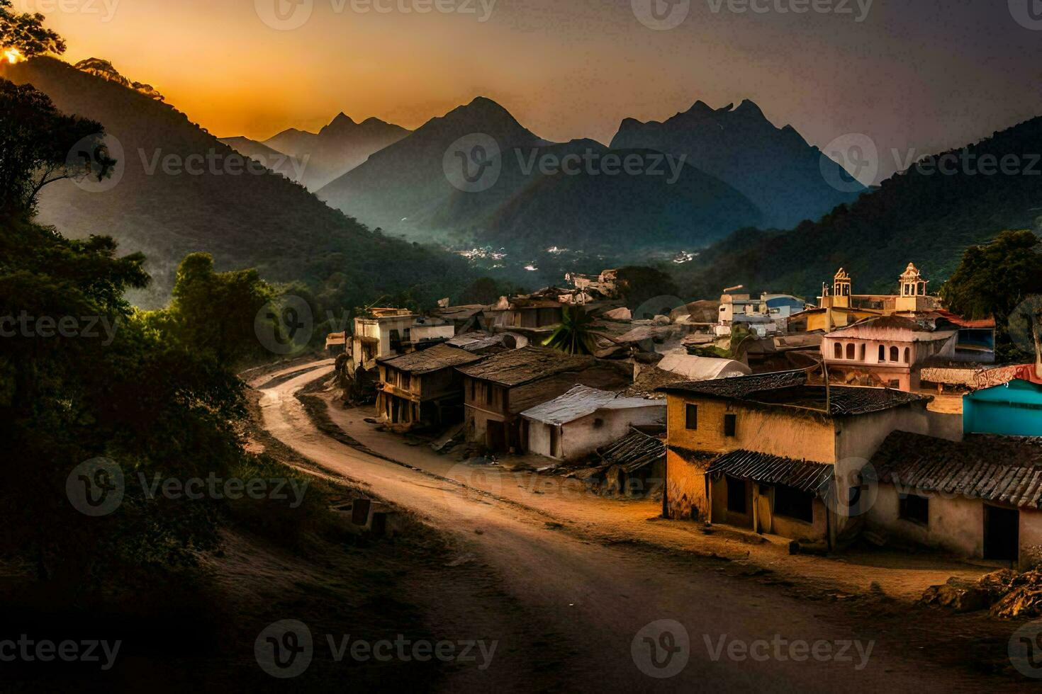 photo fond d'écran le ciel, montagnes, route, village, coucher de soleil, le village, le village,. généré par ai