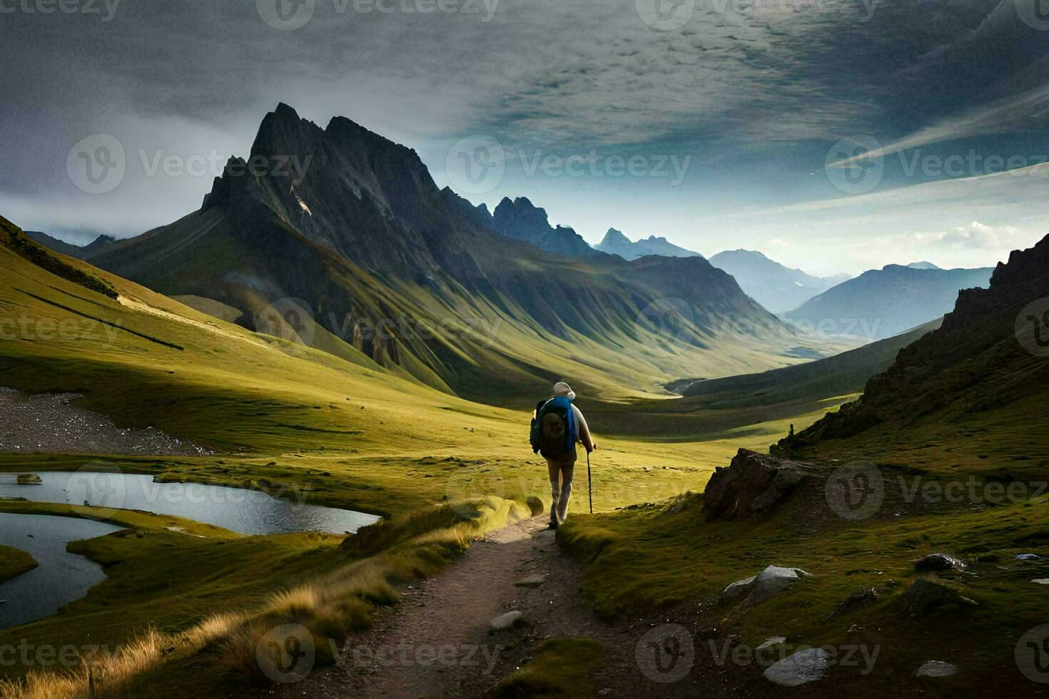 une homme des promenades par une herbeux vallée dans le montagnes. généré par ai photo