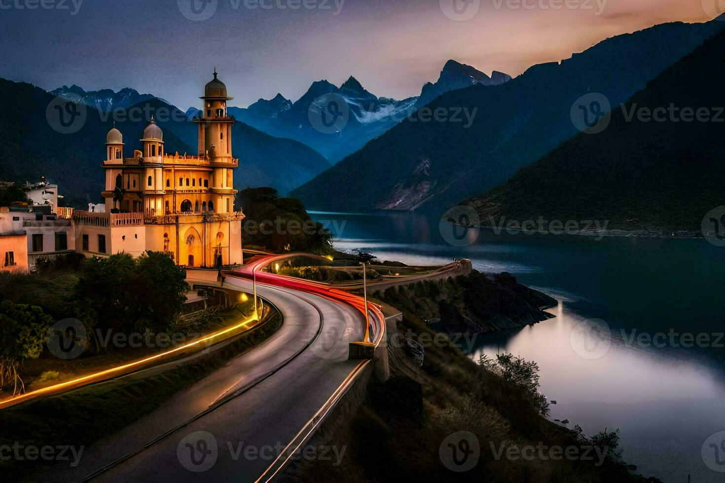 une église et une Montagne dans le Contexte. généré par ai photo