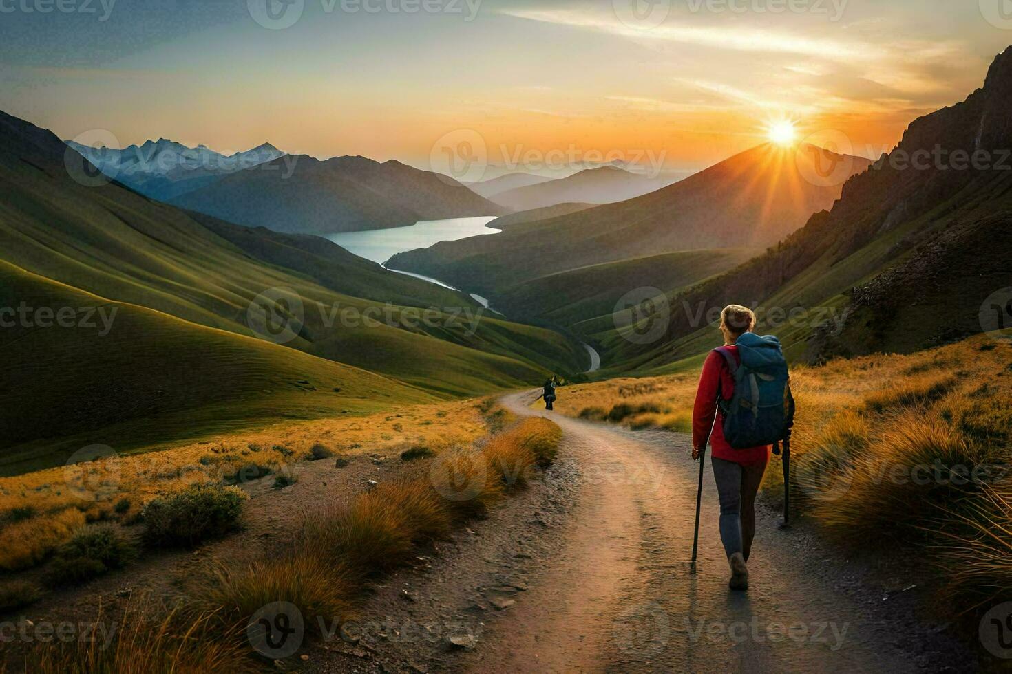 une la personne avec une sac à dos en marchant sur une Piste dans le montagnes. généré par ai photo