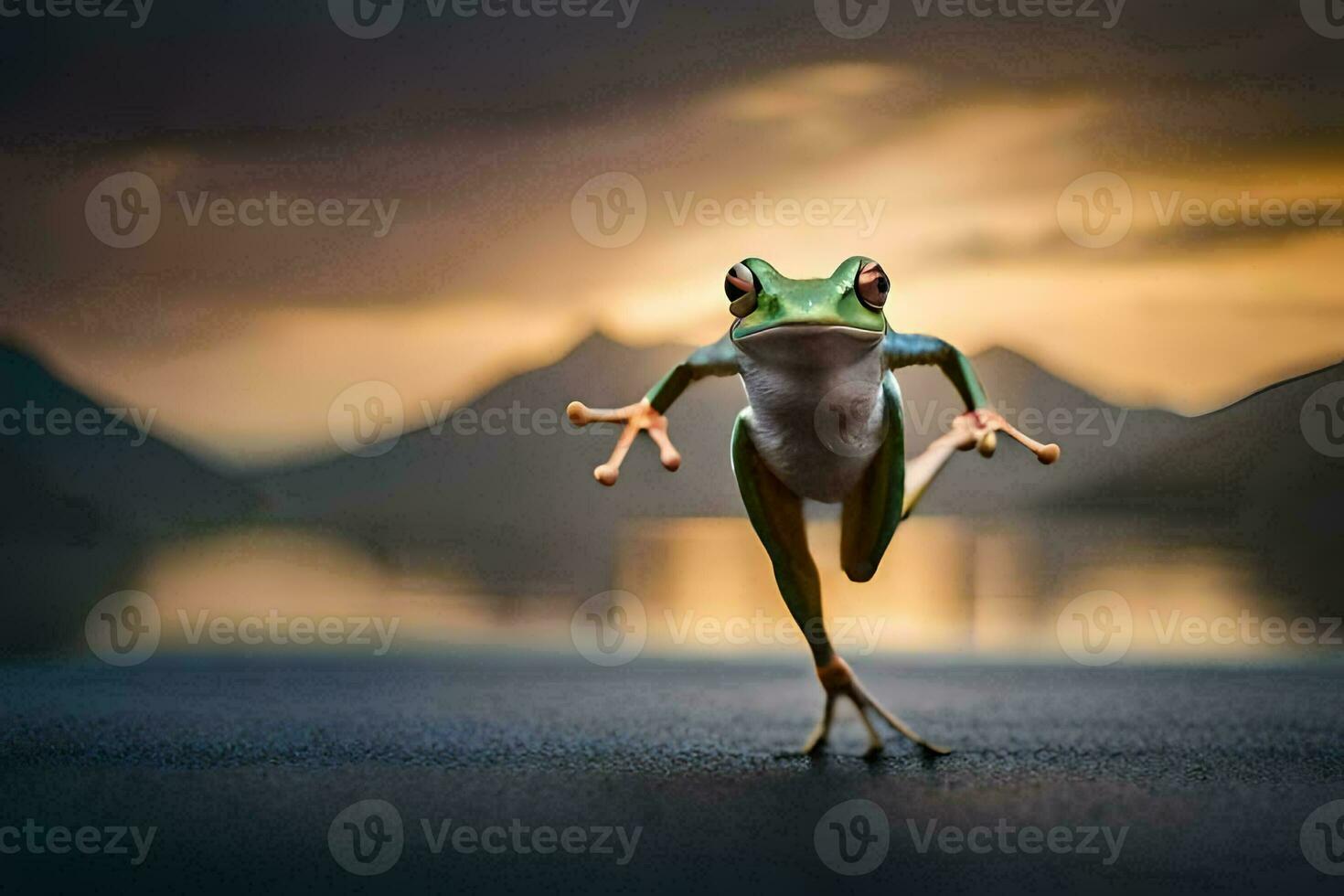 une grenouille sauter sur le sol avec une le coucher du soleil dans le Contexte. généré par ai photo